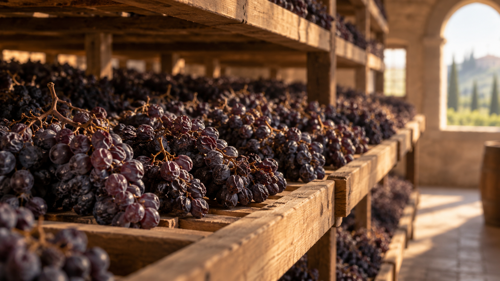 uvas dispostas para secar antes da fermenta&ccedil;&atilde;o.